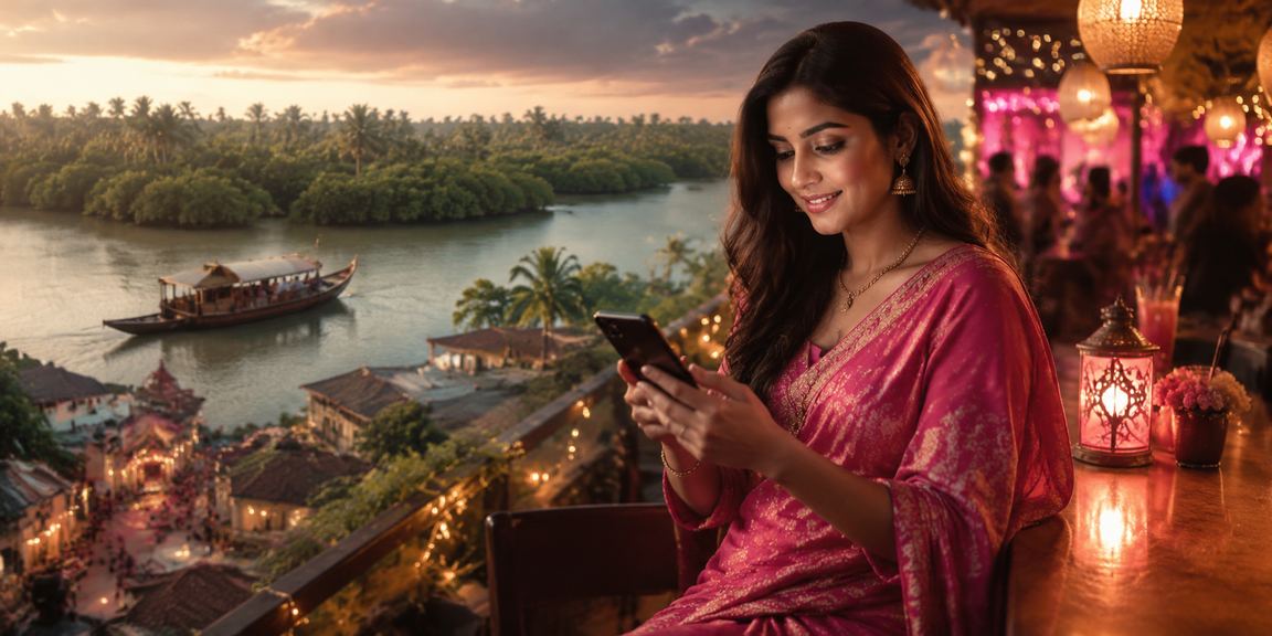 সুন্দরবনের পটভূমিতে মোবাইলে পেমেন্ট করছেন একজন তরুণী